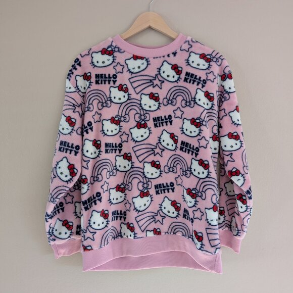Hello Kitty Pink Cozy Plush Long Sleeve Fleece Pajama Top Crew Neck Rainbows M - Picture 1 of 11